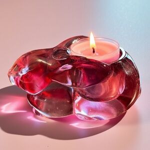 Indiana Glass bunny tea light holder, vintage, cranberry pink, no flaws
